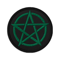 Circular embroidered patch featuring Witchcraft Woven Pentacle Pagan Ritual, front view