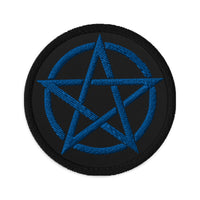 Circular embroidered patch featuring Witchcraft Woven Pentacle Pagan Ritual, front view