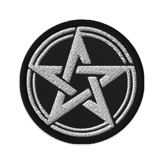 Circular embroidered patch featuring The Witching Hour Woven Pentagram, front view