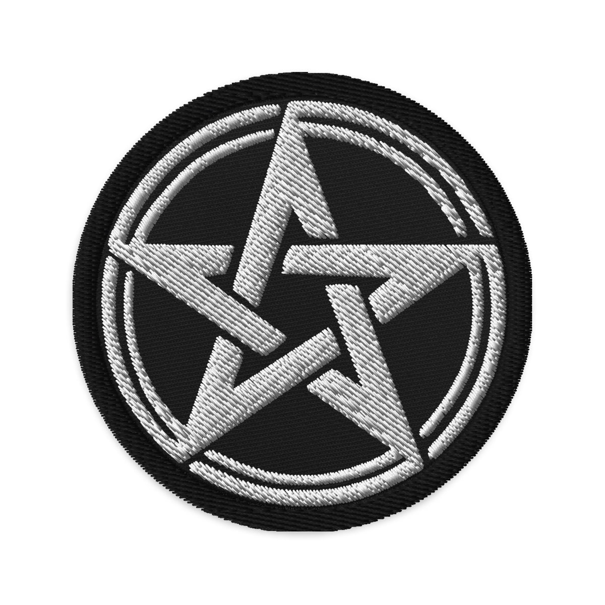 Circular embroidered patch featuring The Witching Hour Woven Pentagram, front view