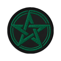 Circular embroidered patch featuring The Witching Hour Woven Pentagram, front view