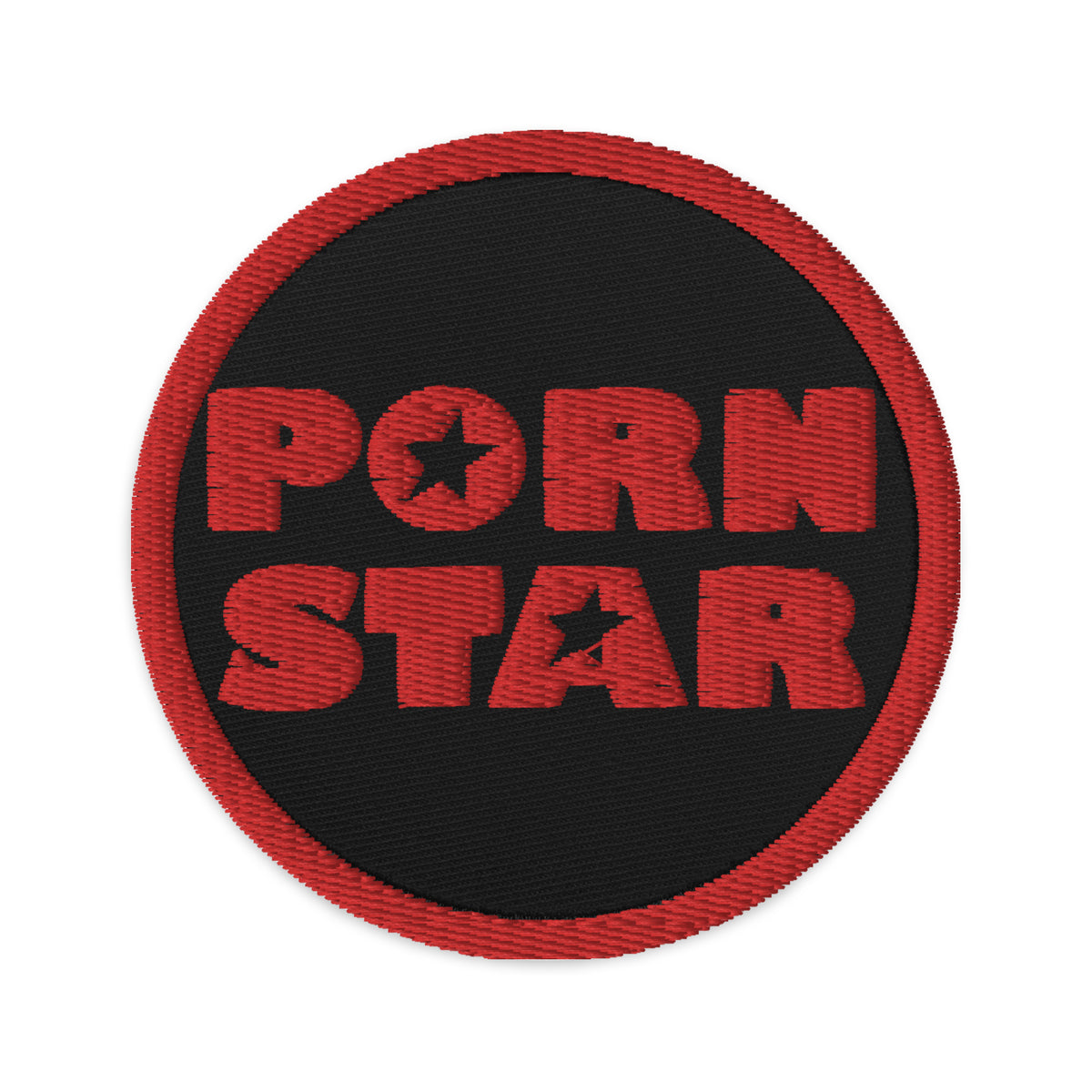 Circular embroidered patch featuring Porn Star Logo, front view