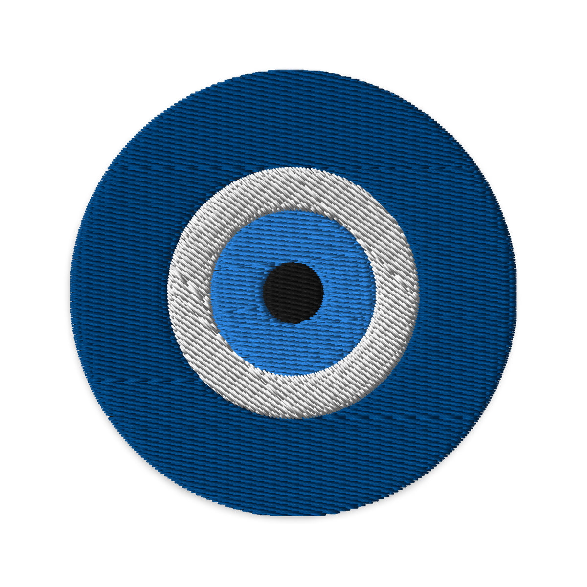 Circular embroidered patch featuring The Evil Eye, front view