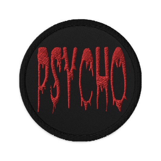 Circular embroidered patch featuring Psycho Horror Red Blood Drip, front view