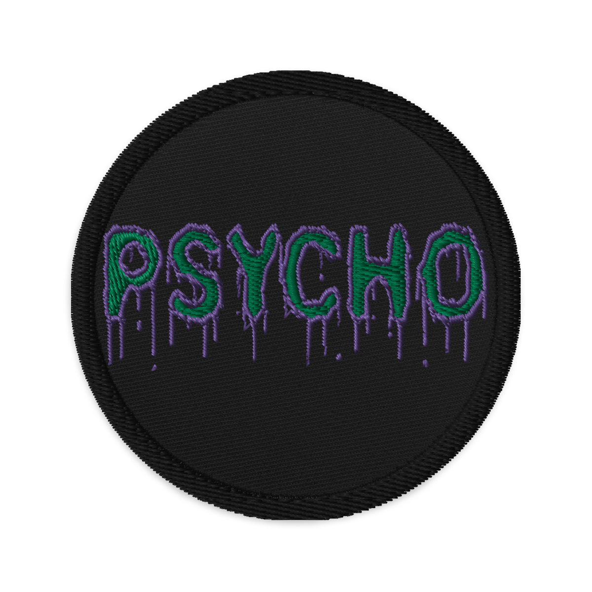 Circular embroidered patch featuring Psychobilly Horror Psycho, front view