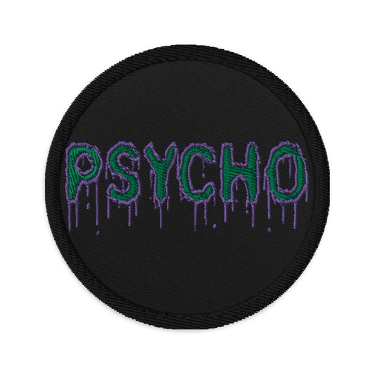 Circular embroidered patch featuring Psychobilly Horror Psycho, front view