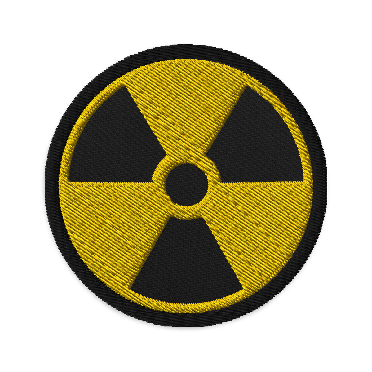 Circular embroidered patch featuring Radioactive Sign, front view