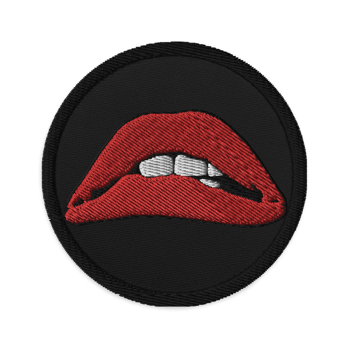 Circular embroidered patch featuring Rocky Horror Picture Show Lips, front view
