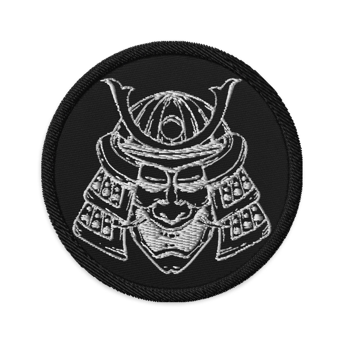 Circular embroidered patch featuring Samurai Warrior Mask, front view