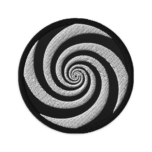 Circular embroidered patch featuring Hypnotic Hypnosis Spiral Illusion, front view