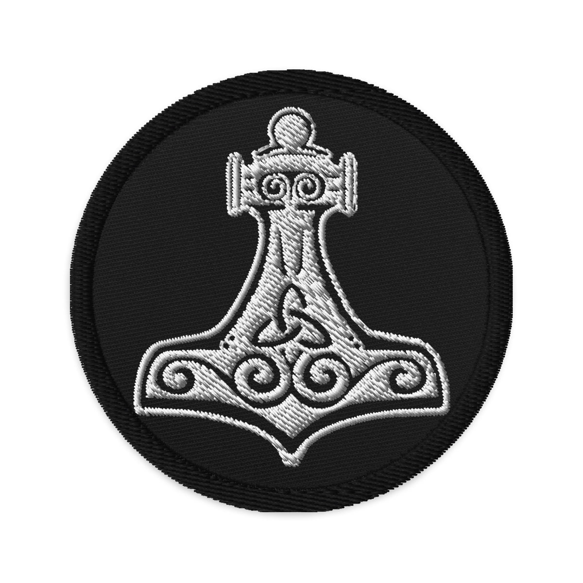 Circular embroidered patch featuring Mighty Thor's Hammer Mjolnir, front view