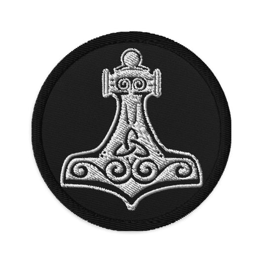 Circular embroidered patch featuring Mighty Thor's Hammer Mjolnir, front view
