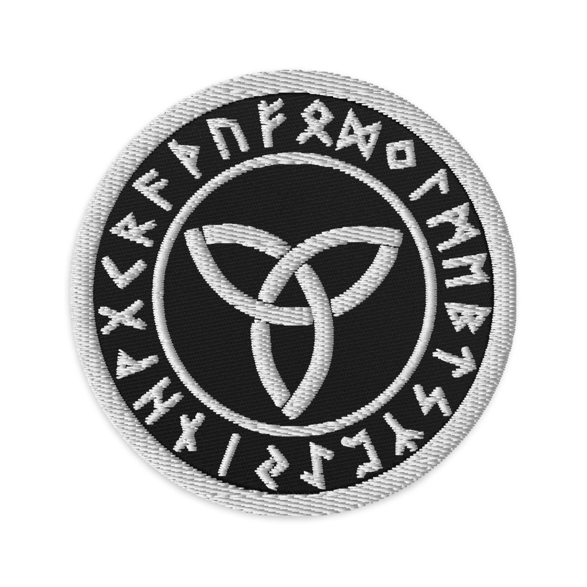 Circular embroidered patch featuring Triquetra Symbol with Viking Runes, front view