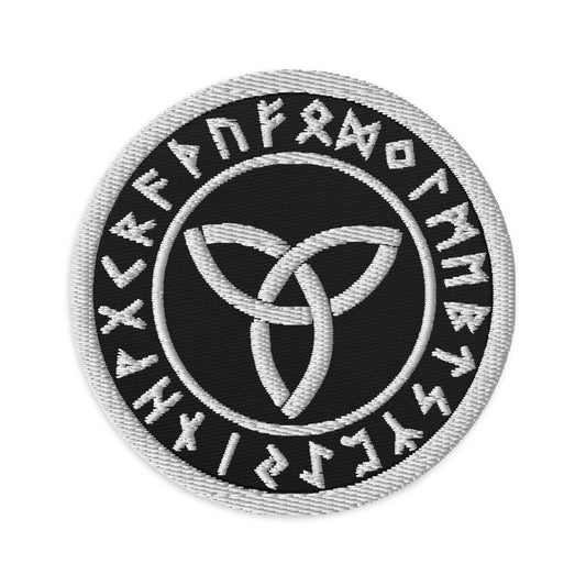 Circular embroidered patch featuring Triquetra Symbol with Viking Runes, front view