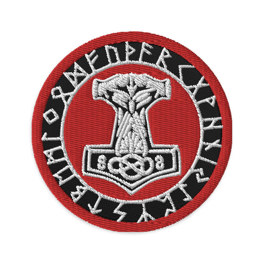 Circular embroidered patch featuring Odin Hammer Viking Runes, front view