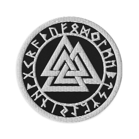 Circular embroidered patch featuring The Valknut Symbol with Viking Runes, front view