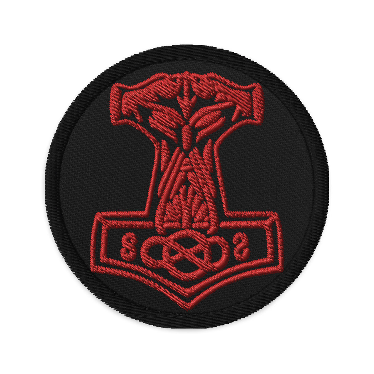 Circular embroidered patch featuring Odin War Hammer, front view