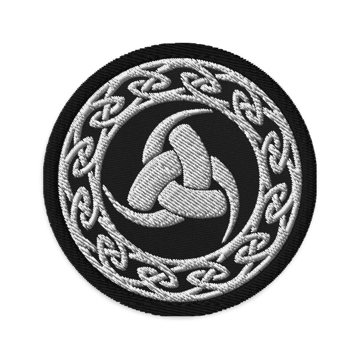 Circular embroidered patch featuring Odin's Knot - The Valknut, front view