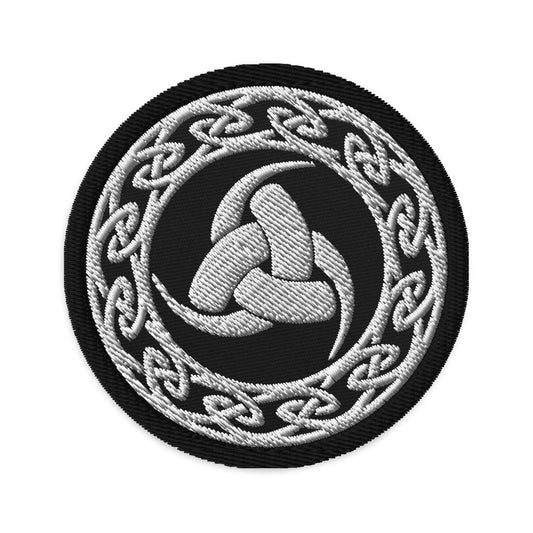 Circular embroidered patch featuring Odin's Knot - The Valknut, front view