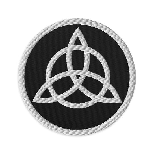 Circular embroidered patch featuring Viking Symbol Triquetra Knot, front view