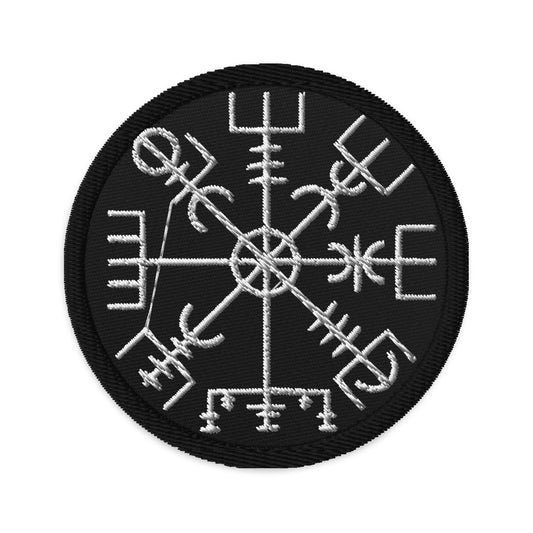 Circular embroidered patch featuring Vegvisir Way Finder Compass, front view