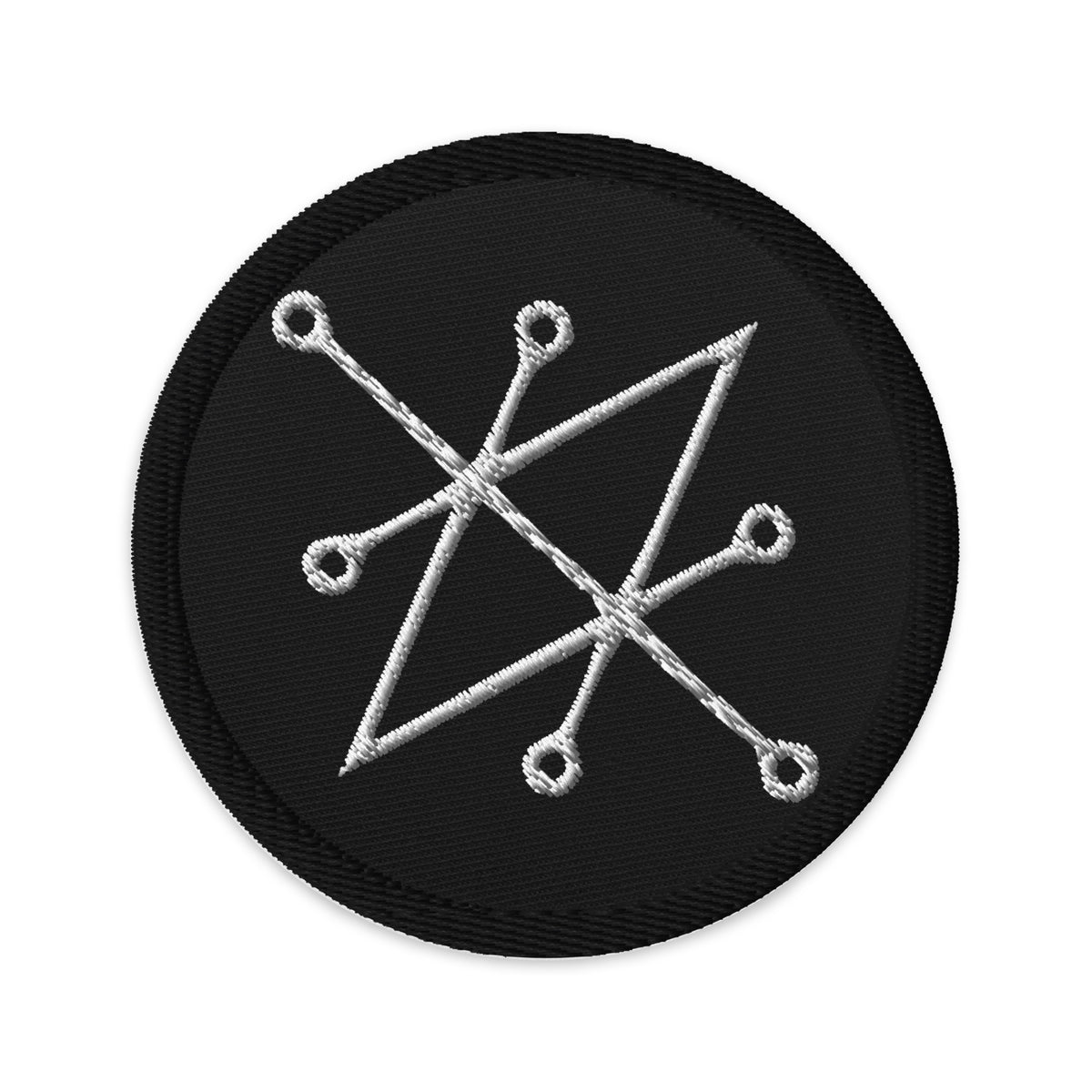 Circular embroidered patch featuring White Sigil of Fallen Angel Azazel, front view