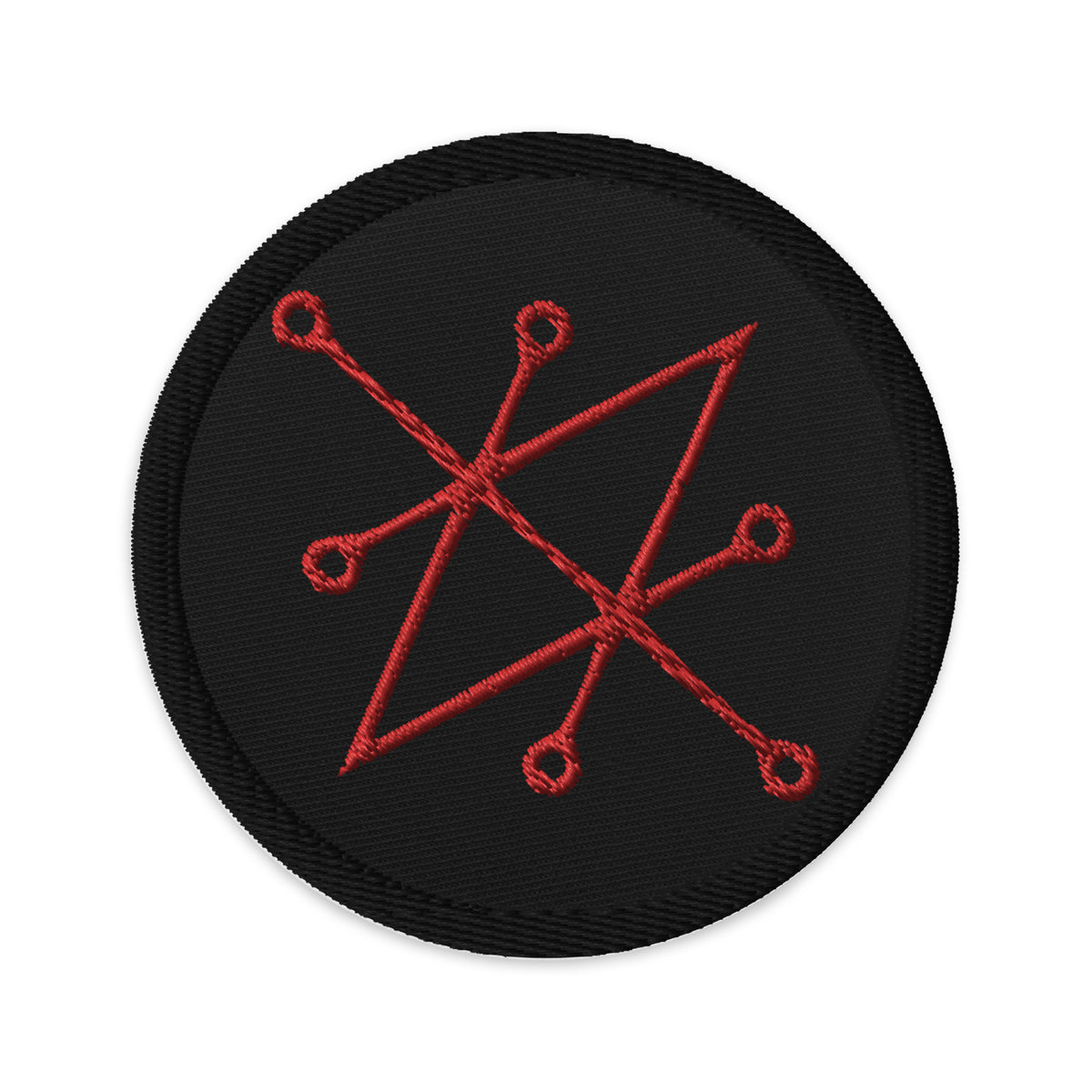 Circular embroidered patch featuring Red Sigil of Fallen Angel Azazel, front view