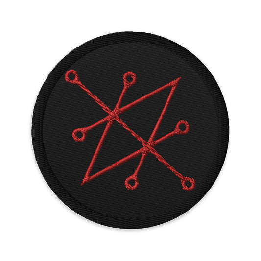 Circular embroidered patch featuring Red Sigil of Fallen Angel Azazel, front view
