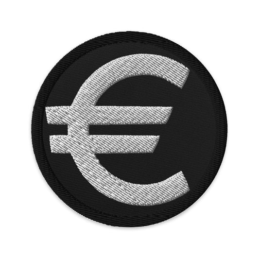 Circular embroidered patch featuring The Euro Currency Money Symbol of European Union, front view