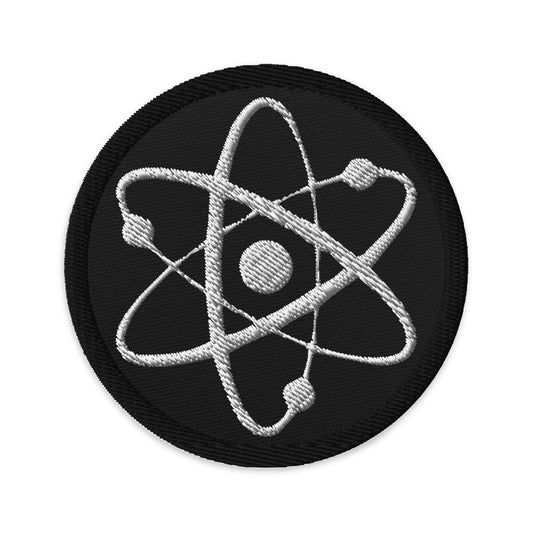 Circular embroidered patch featuring Atomic Nucleus Symbol Nuclear Power, front view