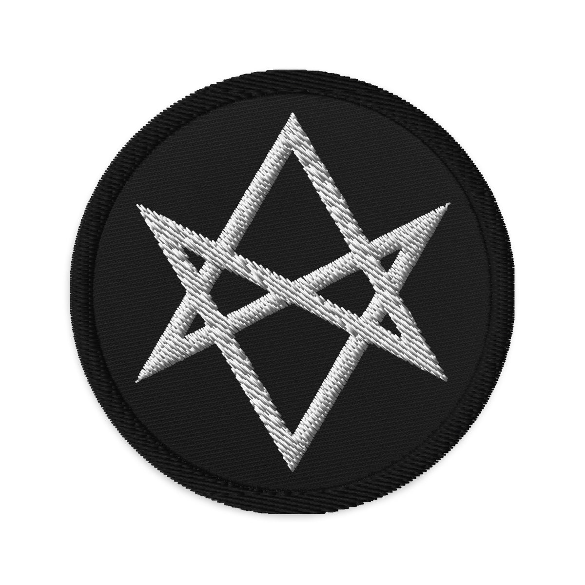 Circular embroidered patch featuring Unicursal Hexagram Six Pointed Star, front view