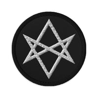 Circular embroidered patch featuring Unicursal Hexagram Six Pointed Star, front view