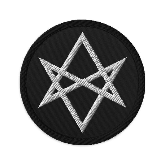 Circular embroidered patch featuring Unicursal Hexagram Six Pointed Star, front view