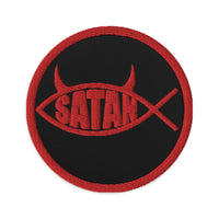 Circular embroidered patch featuring Satan Fish with Horns Religious Satire, front view