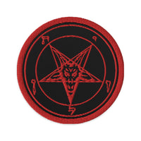 Circular embroidered patch featuring Red Sigil of Baphomet, front view