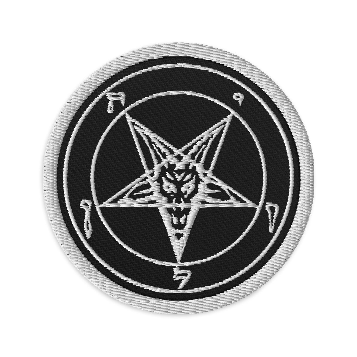 Circular embroidered patch featuring White Sigil of Baphomet, front view