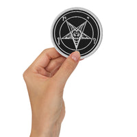 Circular embroidered patch featuring White Sigil of Baphomet, front view