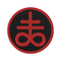 Circular embroidered patch featuring Red The Leviathan Cross of Satan, front view