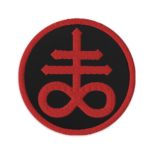 Circular embroidered patch featuring Red The Leviathan Cross of Satan, front view