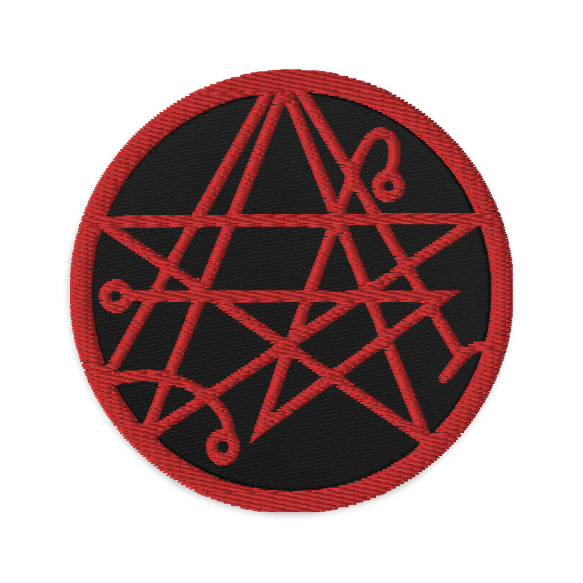 Circular embroidered patch featuring Necronomicon Symbol The Book of Dead, front view