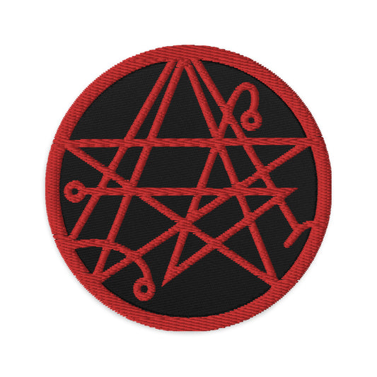 Circular embroidered patch featuring Necronomicon Symbol The Book of Dead, front view
