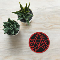 Circular embroidered patch featuring Necronomicon Symbol The Book of Dead, front view