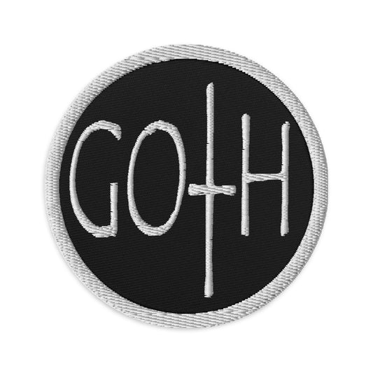 Circular embroidered patch featuring White Goth Dark and Morbid Style Halloween Celebration, front view