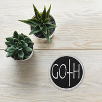 Circular embroidered patch featuring White Goth Dark and Morbid Style Halloween Celebration, front view