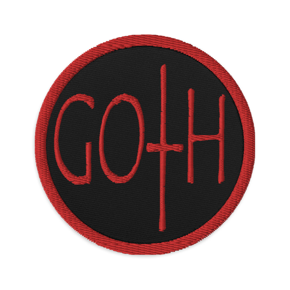 Circular embroidered patch featuring Red Goth Dark and Morbid Style Halloween Celebration, front view