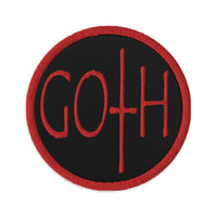 Circular embroidered patch featuring Red Goth Dark and Morbid Style Halloween Celebration, front view