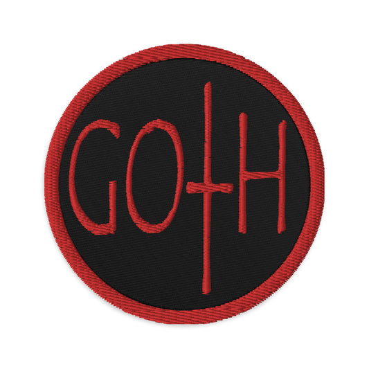 Circular embroidered patch featuring Red Goth Dark and Morbid Style Halloween Celebration, front view