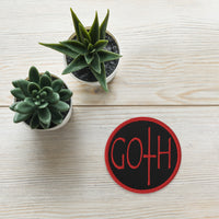 Circular embroidered patch featuring Red Goth Dark and Morbid Style Halloween Celebration, front view