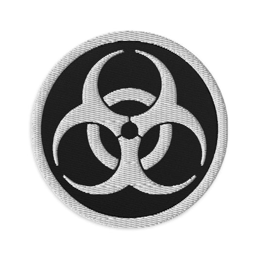 Circular embroidered patch featuring White Thread Bio Hazard Symbol Warning Sign, front view