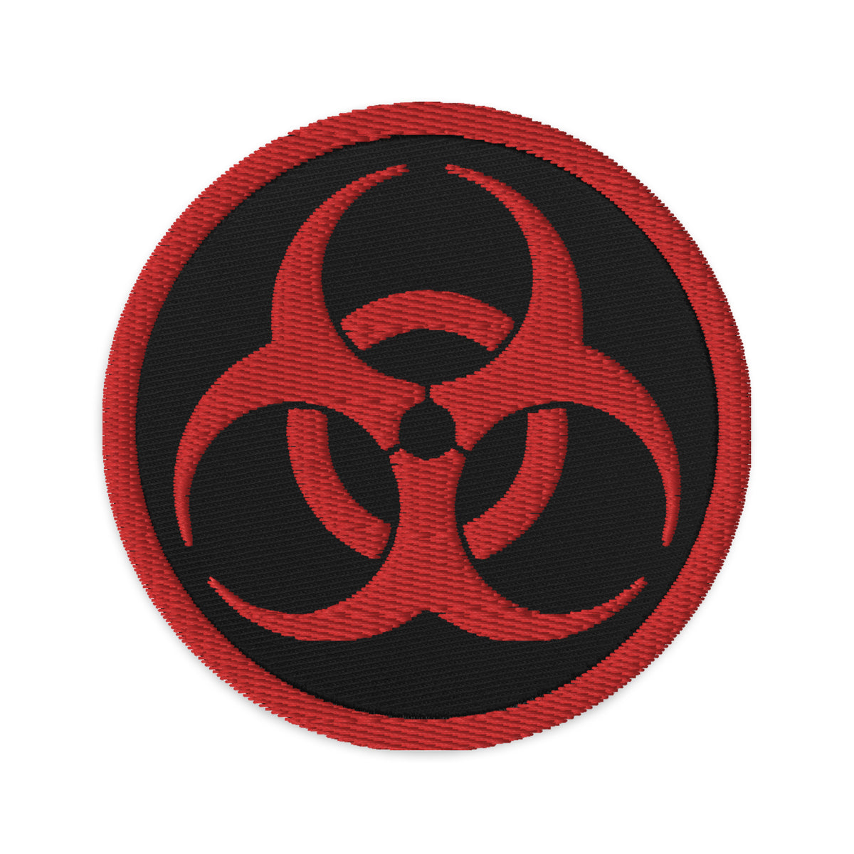 Circular embroidered patch featuring Red Thread Bio Hazard Symbol Warning Sign, front view